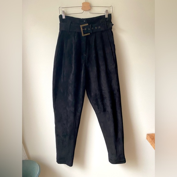 Black suede high waisted pleat front tapered pants - Picture 6 of 14